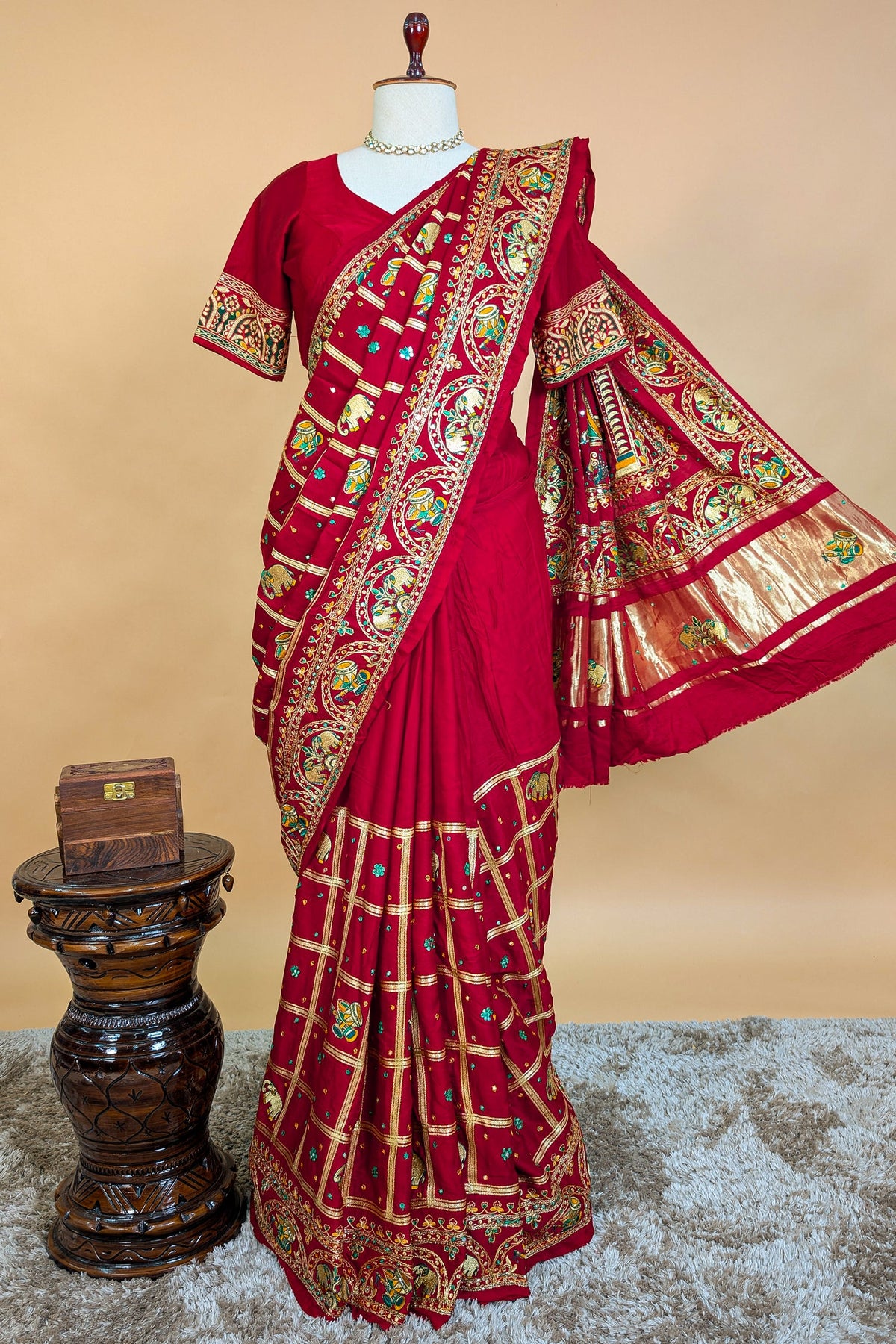Maroon Gaji Silk Traditional Checks Gharchola Saree