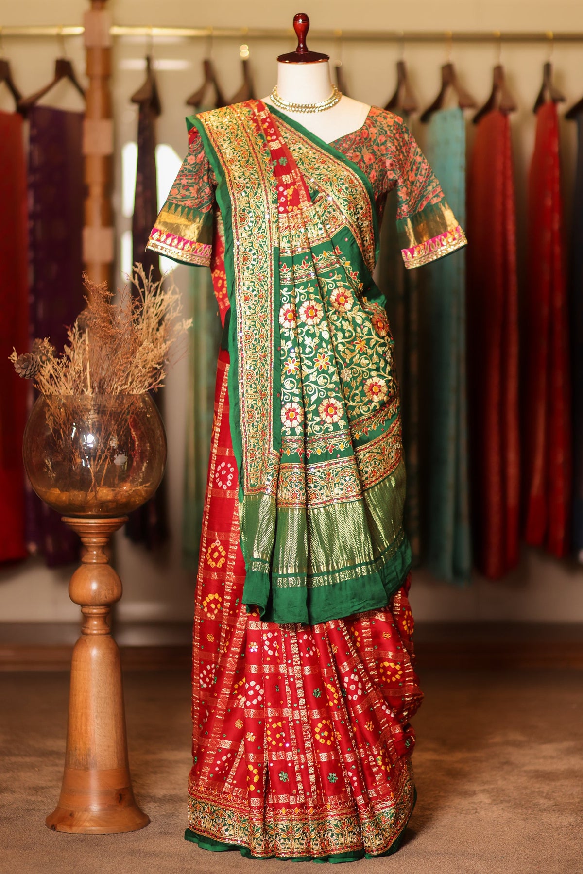 Maroon Gaji Silk Traditional Gharchola Saree with Embroidery - maroon silk saree embroidery