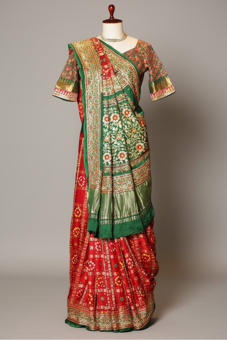 Maroon Gaji Silk Traditional Gharchola Saree with Embroidery - maroon silk saree embroidery