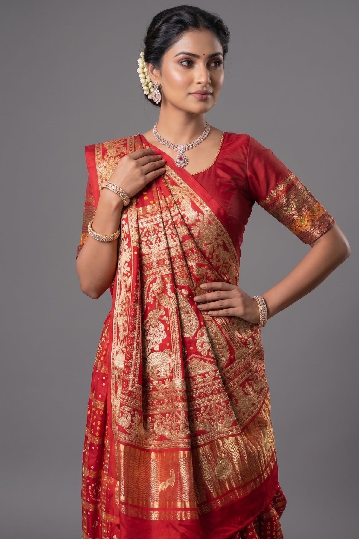 Maroon Gaji Silk Traditional Gharchola Saree with Embroidery - maroon silk saree embroidery