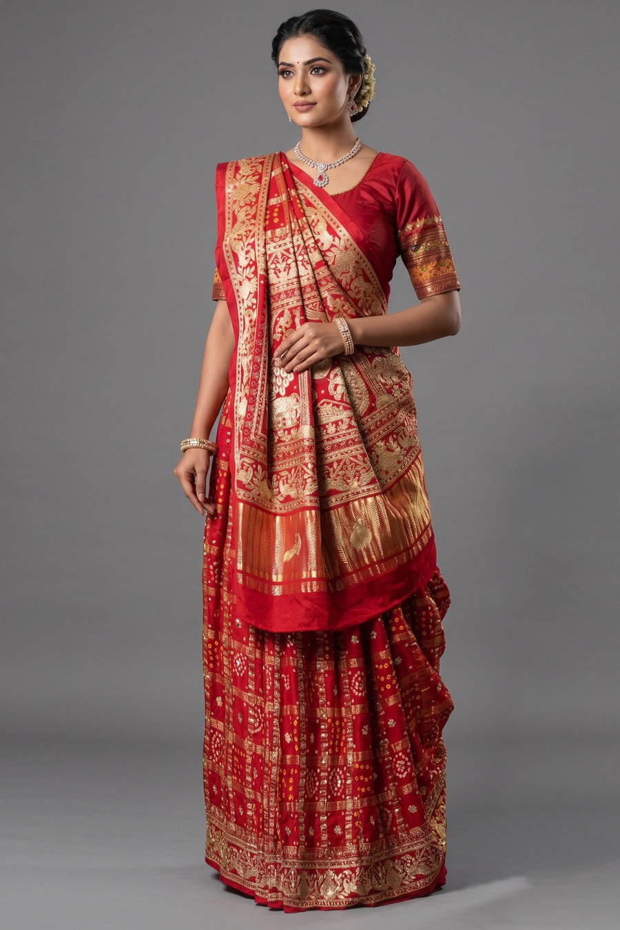 Maroon Gaji Silk Traditional Gharchola Saree with Embroidery - maroon silk saree embroidery