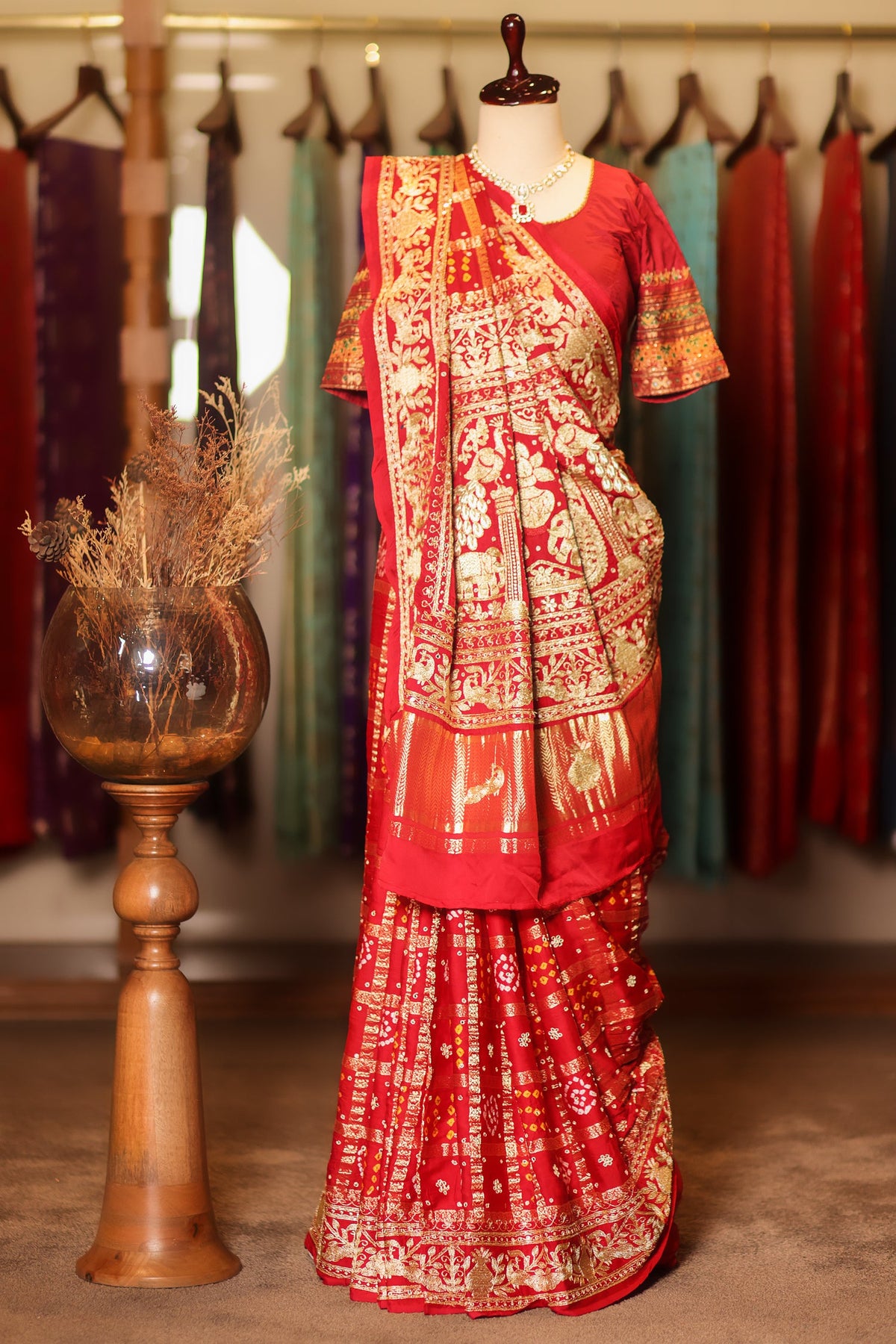 Maroon Gaji Silk Traditional Gharchola Saree with Embroidery - maroon silk saree embroidery