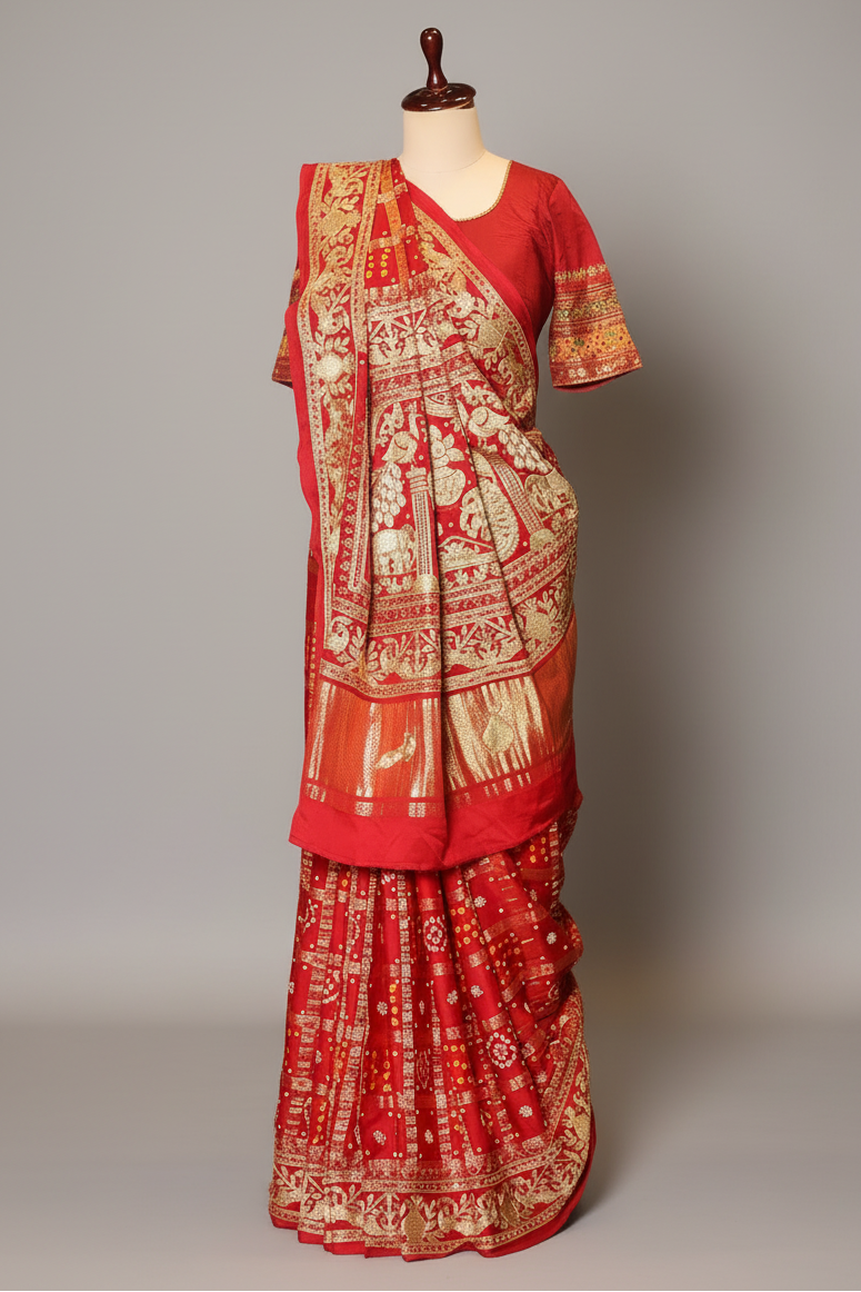 Maroon Gaji Silk Traditional Gharchola Saree with Embroidery - maroon silk saree embroidery