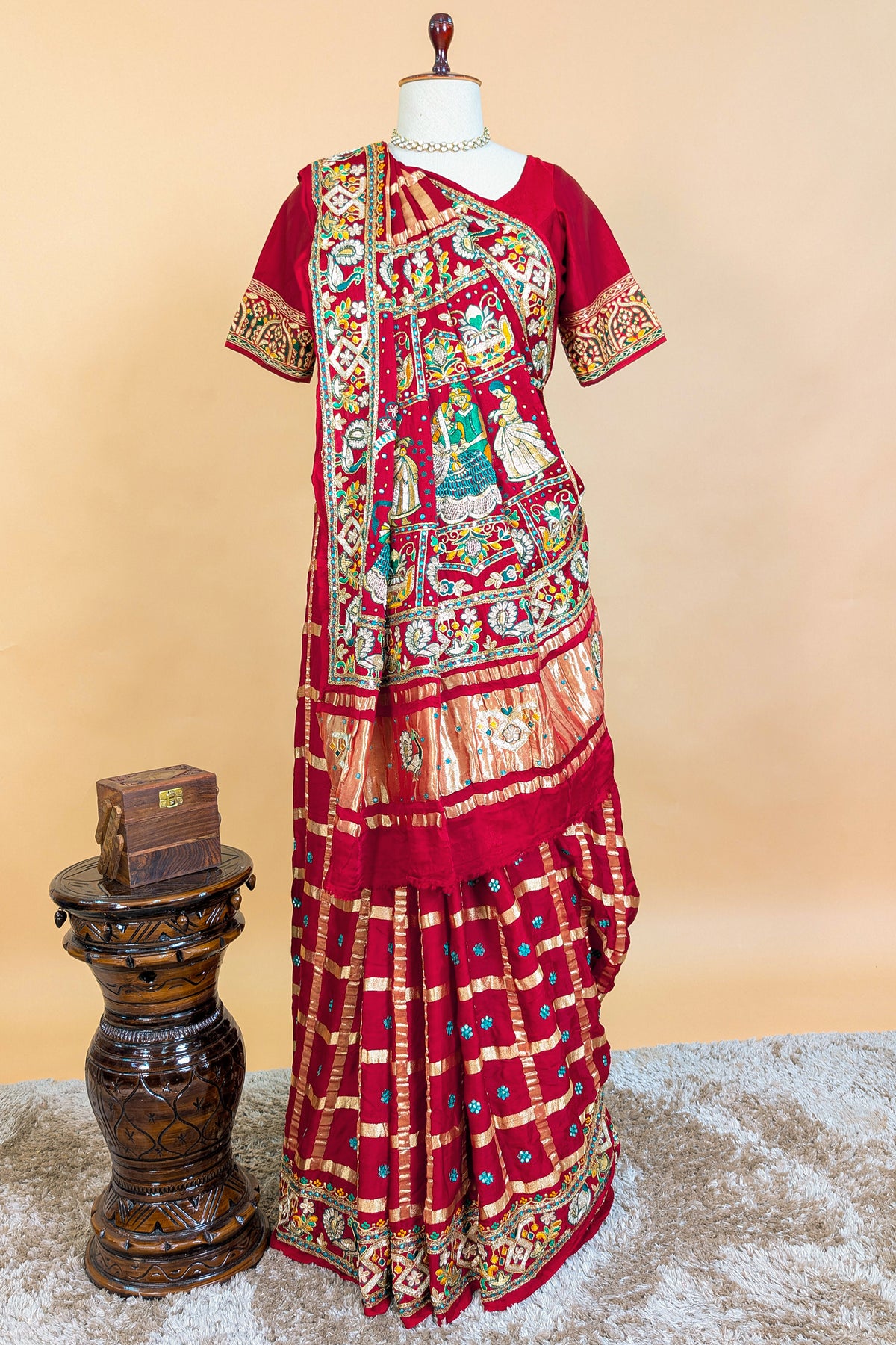 Maroon Gaji Silk Traditional Checks Gharchola Saree with Heavy Embroidered Pallu - red silk saree embroidered