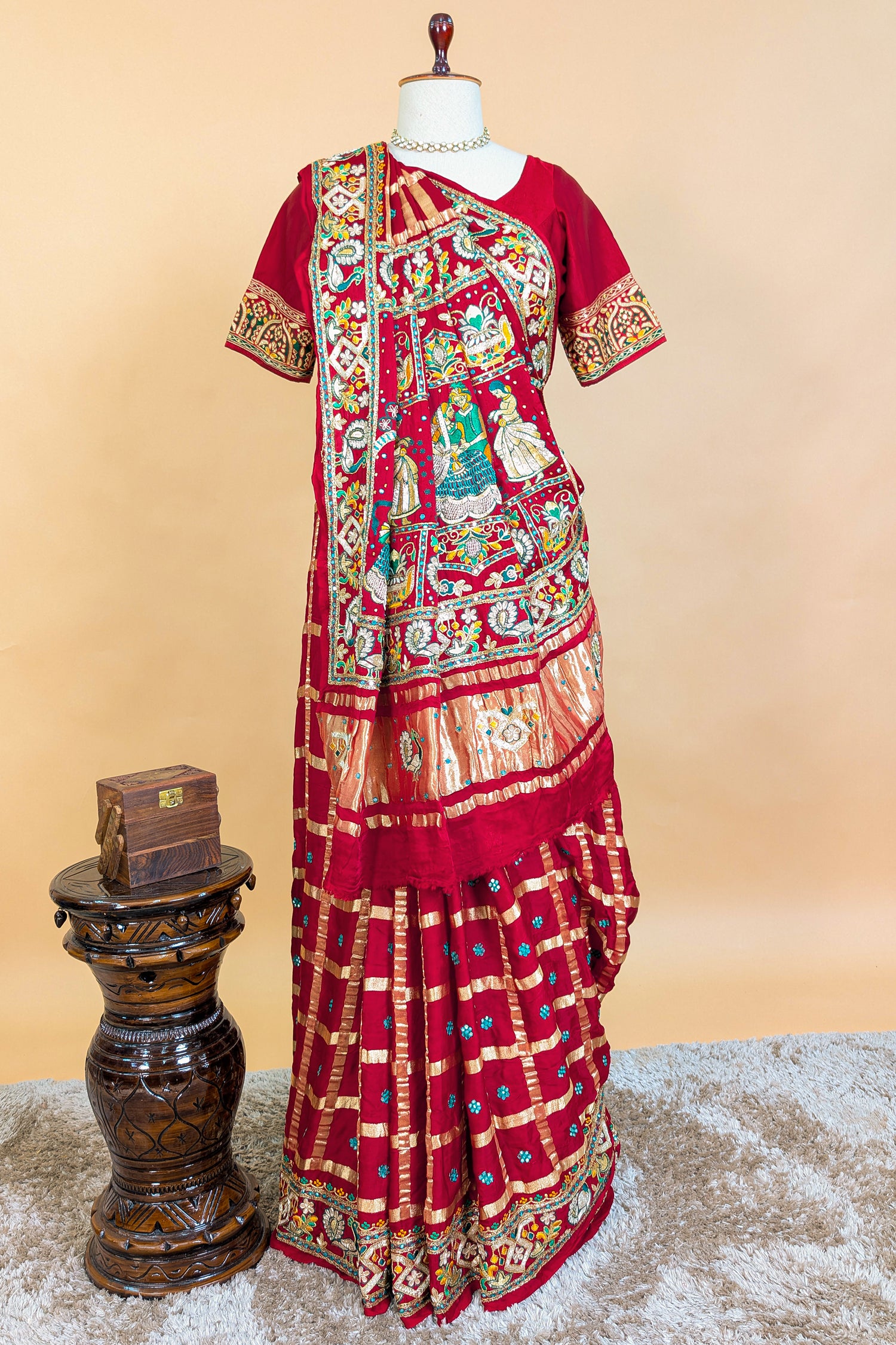 Maroon Gaji Silk Traditional Checks Gharchola Saree with Heavy Embroidered Pallu - red silk saree embroidered
