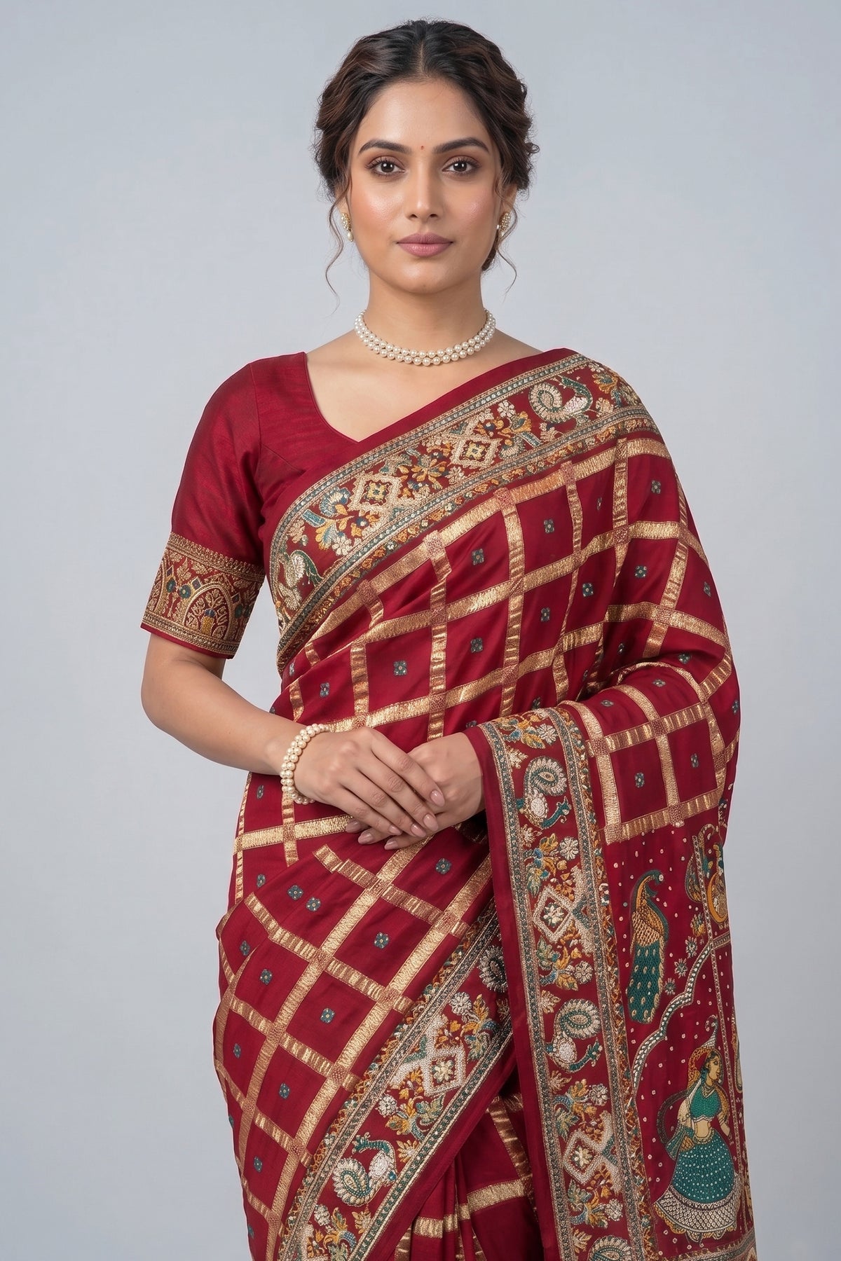 Maroon Gaji Silk Traditional Checks Gharchola Saree with Heavy Embroidered Pallu - red silk saree embroidered