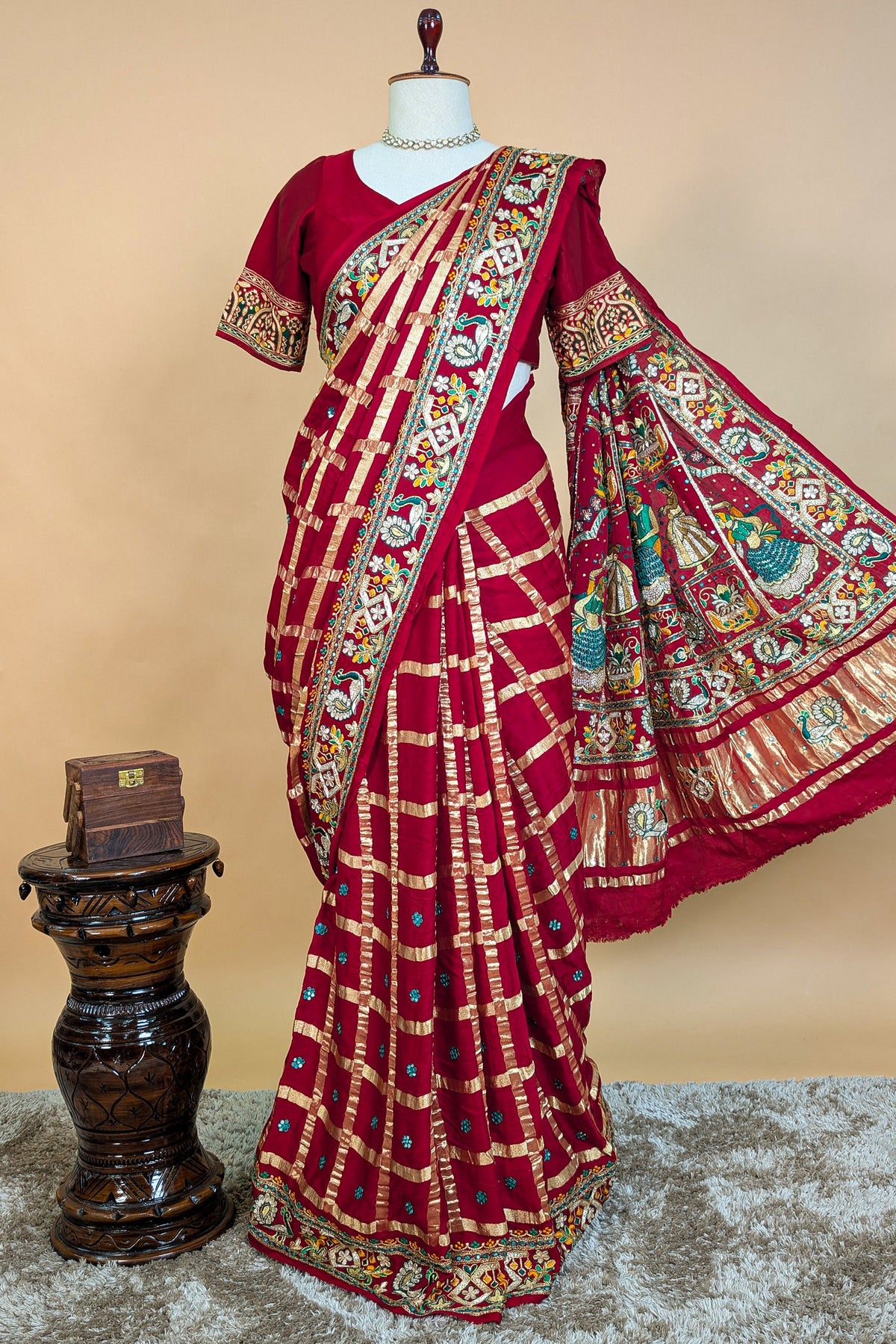 Maroon Gaji Silk Traditional Checks Gharchola Saree with Heavy Embroidered Pallu - red silk saree embroidered