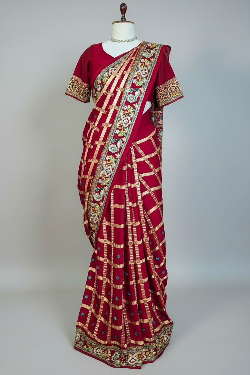 Maroon Gaji Silk Traditional Checks Gharchola Saree with Heavy Embroidered Pallu - red silk saree embroidered