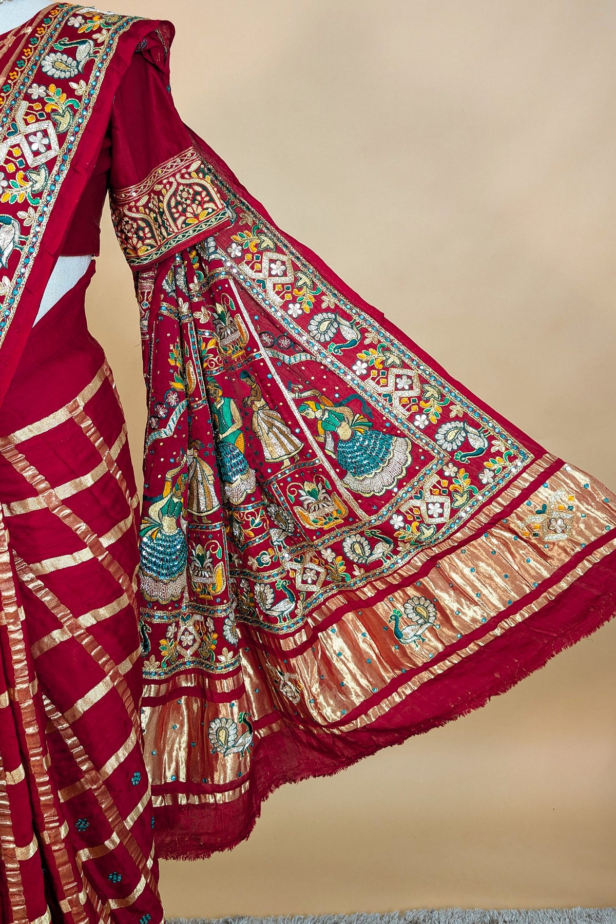 Maroon Gaji Silk Traditional Checks Gharchola Saree with Heavy Embroidered Pallu - red silk saree embroidered