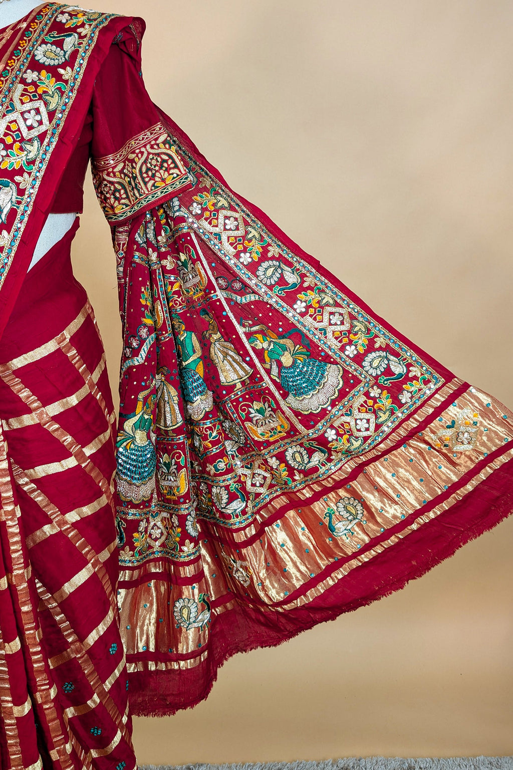 Maroon Gaji Silk Traditional Checks Gharchola Saree with Heavy Embroidered Pallu - red silk saree embroidered