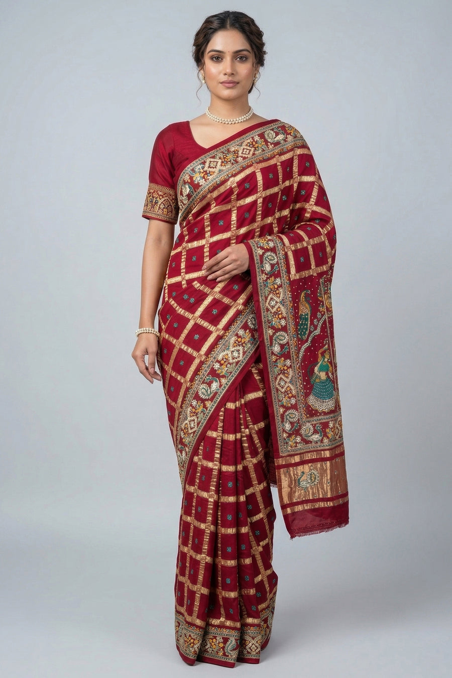 Maroon Gaji Silk Traditional Checks Gharchola Saree with Heavy Embroidered Pallu - red silk saree embroidered