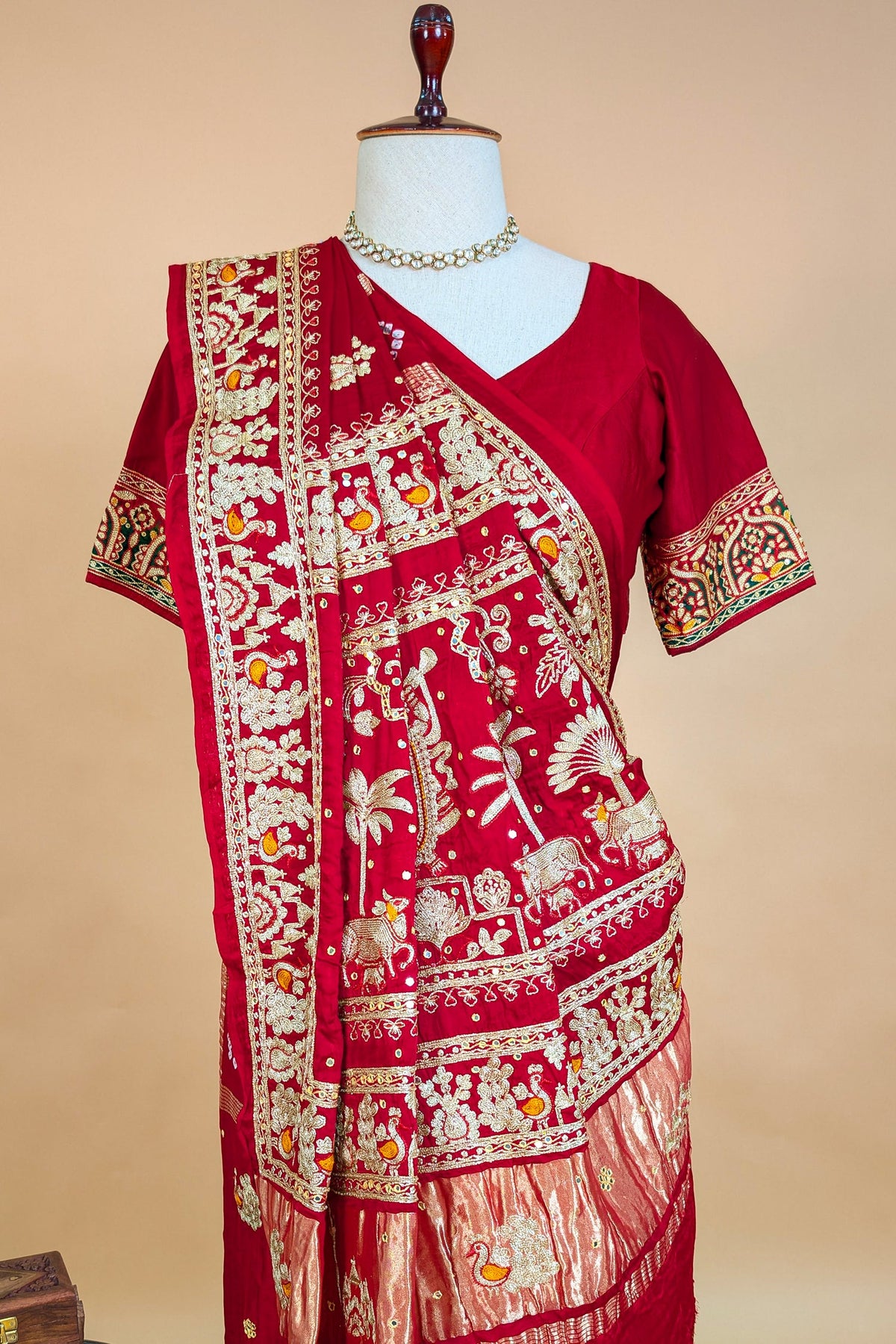 Maroon Gaji Silk Traditional Bandhej Checks Gharchola Saree with Embroidery and Peacock Motif - maroon silk saree bandhej