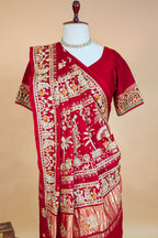 Maroon Gaji Silk Traditional Bandhej Checks Gharchola Saree with Embroidery and Peacock Motif - maroon silk saree bandhej