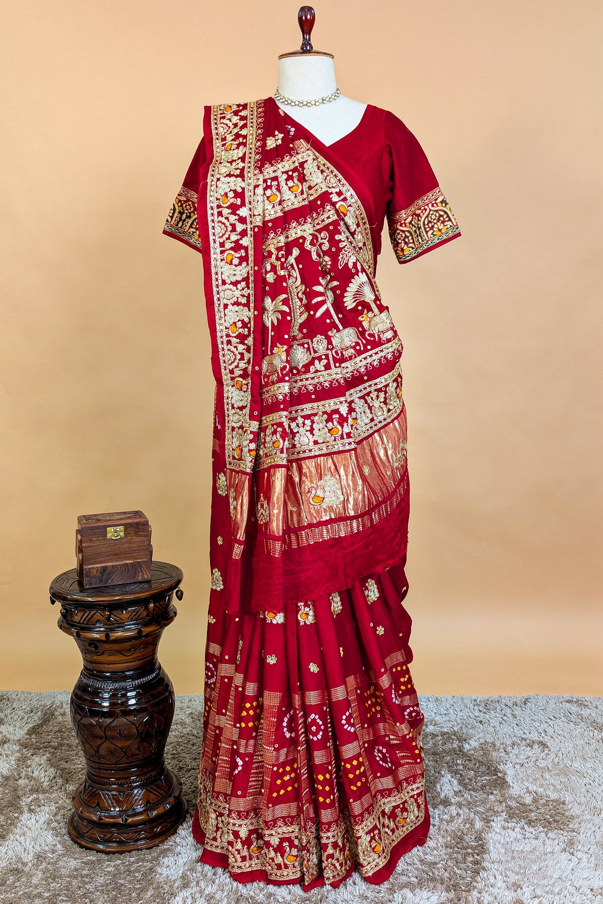 Maroon Gaji Silk Traditional Bandhej Checks Gharchola Saree with Embroidery and Peacock Motif - maroon silk saree bandhej