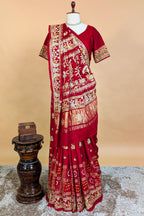 Maroon Gaji Silk Traditional Bandhej Checks Gharchola Saree with Embroidery and Peacock Motif - maroon silk saree bandhej