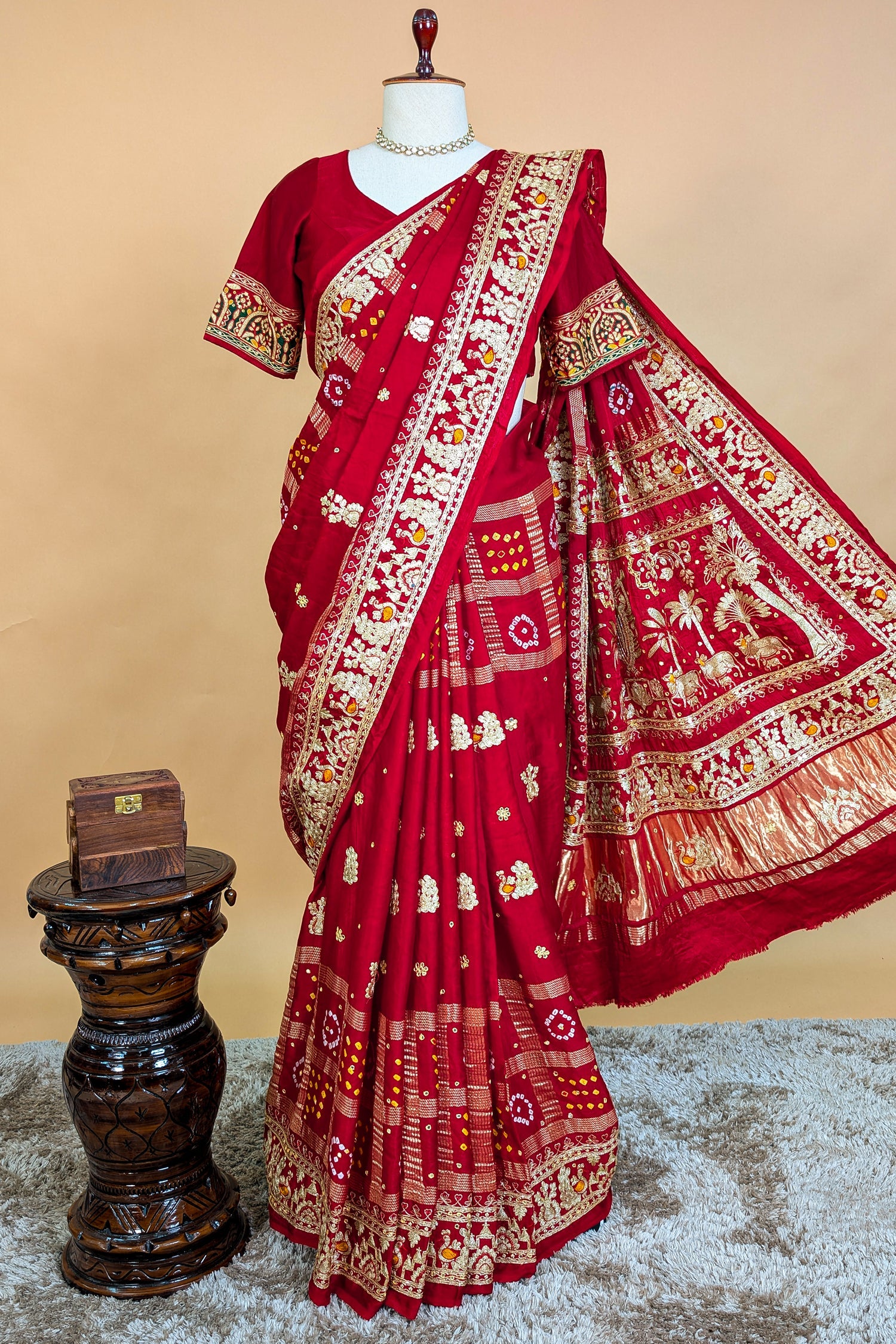 Maroon Gaji Silk Traditional Bandhej Checks Gharchola Saree with Embroidery and Peacock Motif - maroon silk saree bandhej