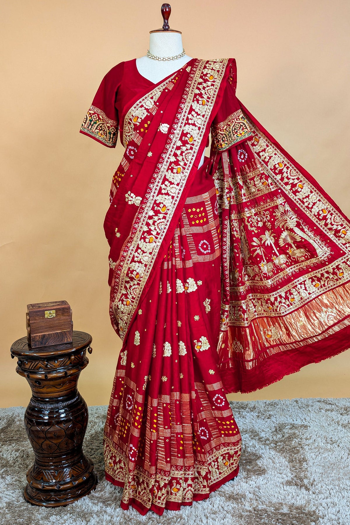 Maroon Gaji Silk Traditional Bandhej Checks Gharchola Saree with Embroidery and Peacock Motif