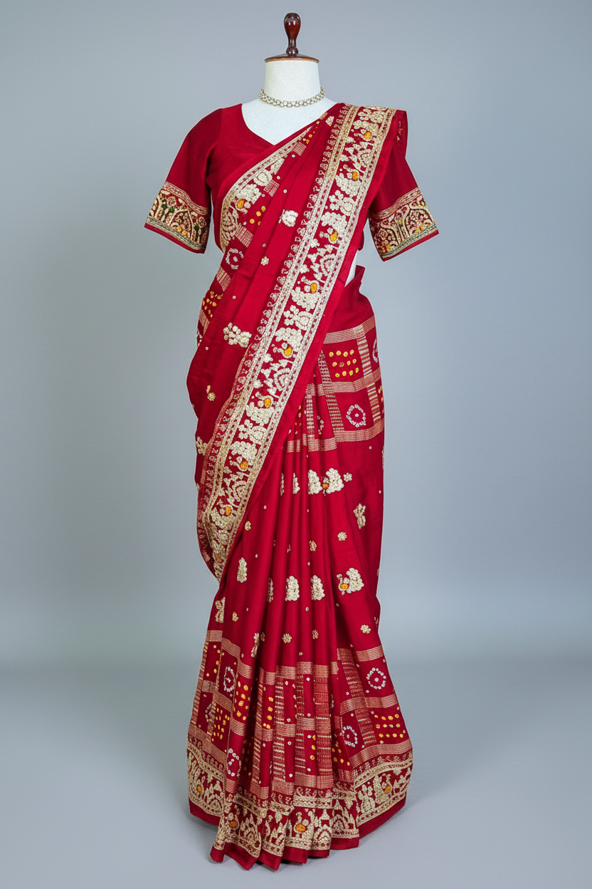 Maroon Gaji Silk Traditional Bandhej Checks Gharchola Saree with Embroidery and Peacock Motif