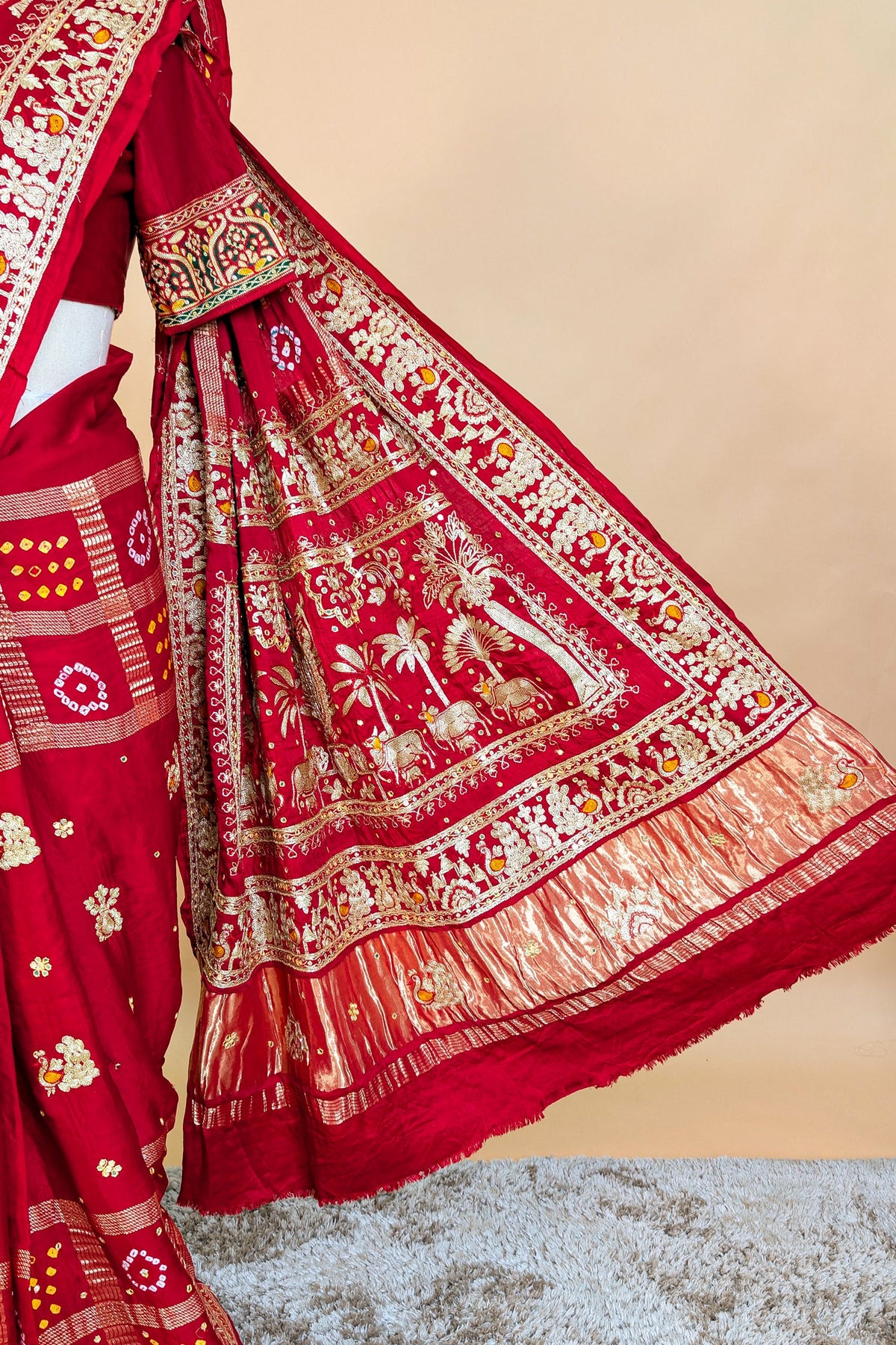 Maroon Gaji Silk Traditional Bandhej Checks Gharchola Saree with Embroidery and Peacock Motif - maroon silk saree bandhej