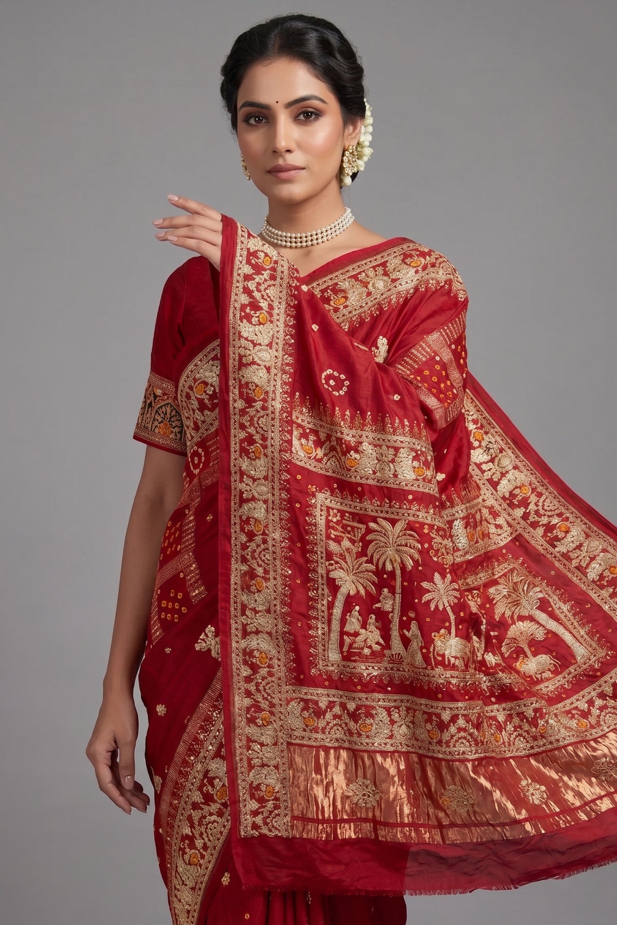 Maroon Gaji Silk Traditional Bandhej Checks Gharchola Saree with Embroidery and Peacock Motif - maroon silk saree bandhej