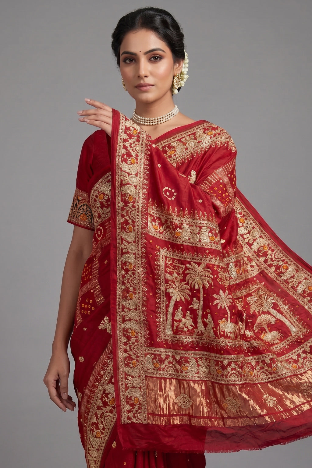 Maroon Gaji Silk Traditional Bandhej Checks Gharchola Saree with Embroidery and Peacock Motif - maroon silk saree bandhej