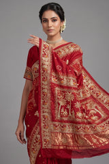 Maroon Gaji Silk Traditional Bandhej Checks Gharchola Saree with Embroidery and Peacock Motif