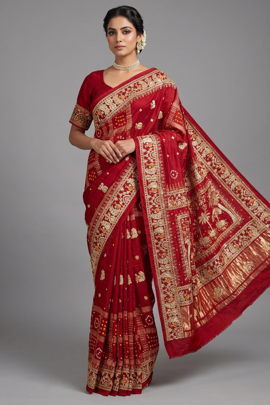 Maroon Gaji Silk Traditional Bandhej Checks Gharchola Saree with Embroidery and Peacock Motif - maroon silk saree bandhej