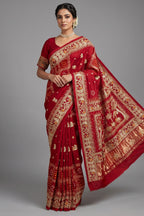 Maroon Gaji Silk Traditional Bandhej Checks Gharchola Saree with Embroidery and Peacock Motif - maroon silk saree bandhej