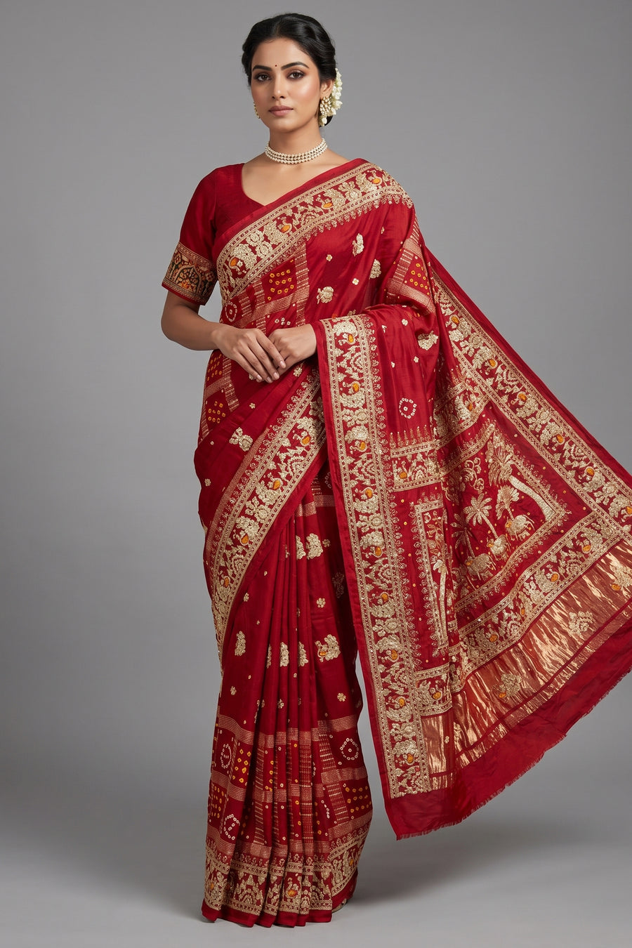 Maroon Gaji Silk Traditional Bandhej Checks Gharchola Saree with Embroidery and Peacock Motif - maroon silk saree bandhej