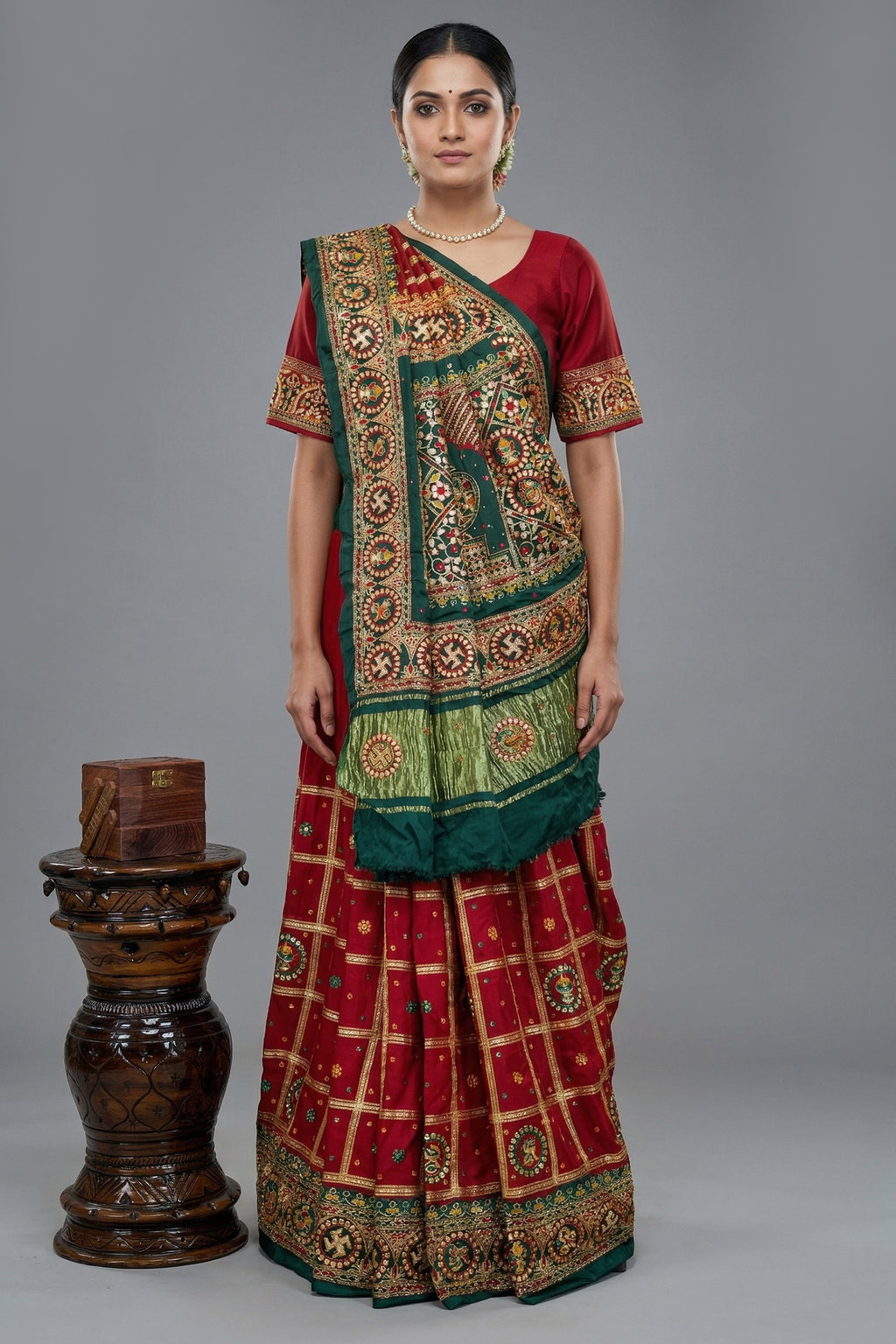 Maroon Gaji Silk Swastik Motif Traditional Gharchola Saree with Embroidery - maroon silk saree embroidery