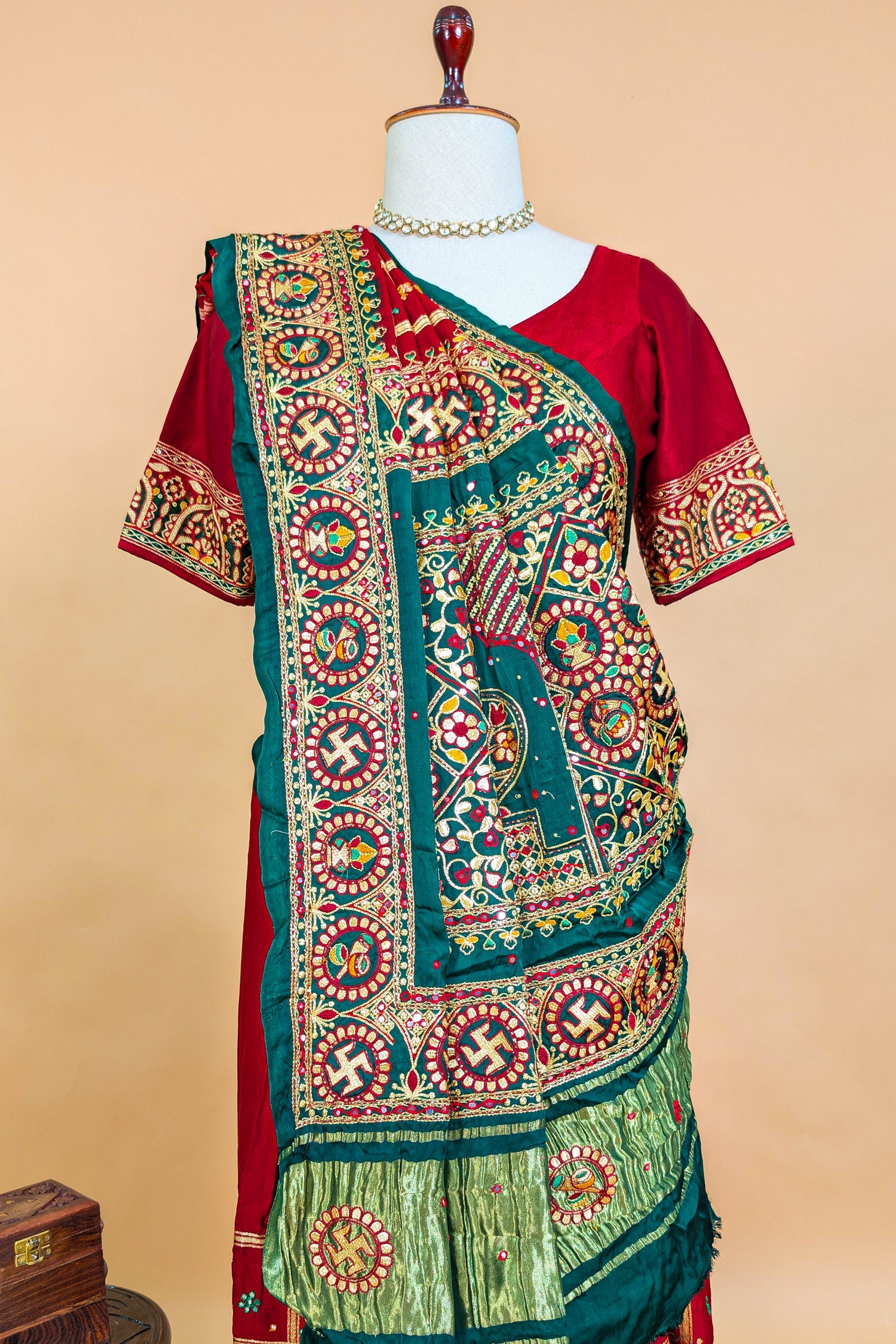 Maroon Gaji Silk Swastik Motif Traditional Gharchola Saree with Embroidery - maroon silk saree embroidery