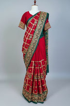 Maroon Gaji Silk Swastik Motif Traditional Gharchola Saree with Embroidery - maroon silk saree embroidery