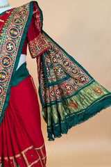 Maroon Gaji Silk Swastik Motif Traditional Gharchola Saree with Embroidery