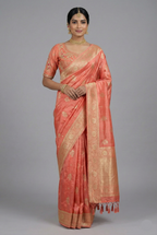 Peach Tissue Silk Woven Saree with Handwork Readymade Blouse - peach silk saree