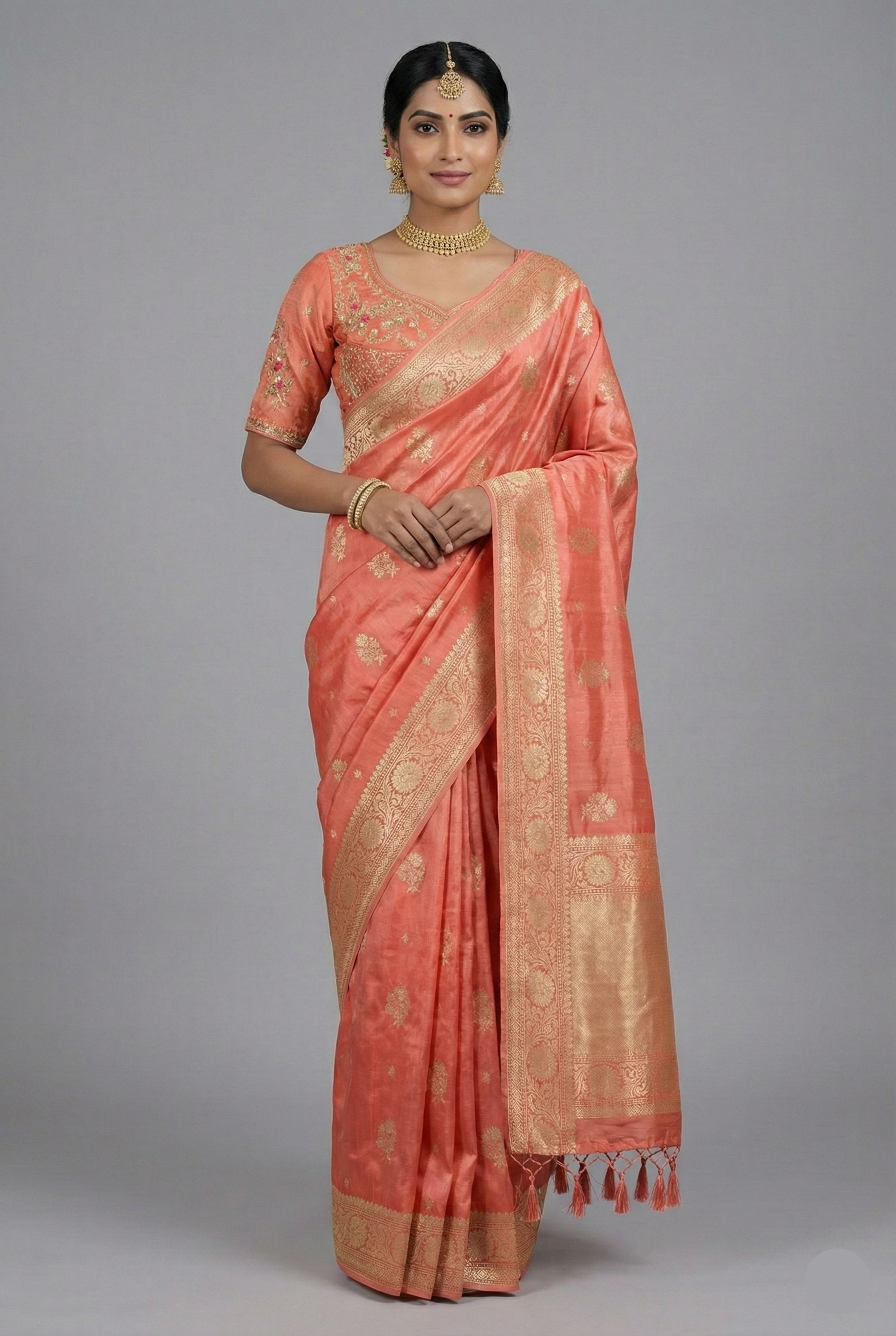 Peach Tissue Silk Woven Saree with Handwork Readymade Blouse - peach silk saree