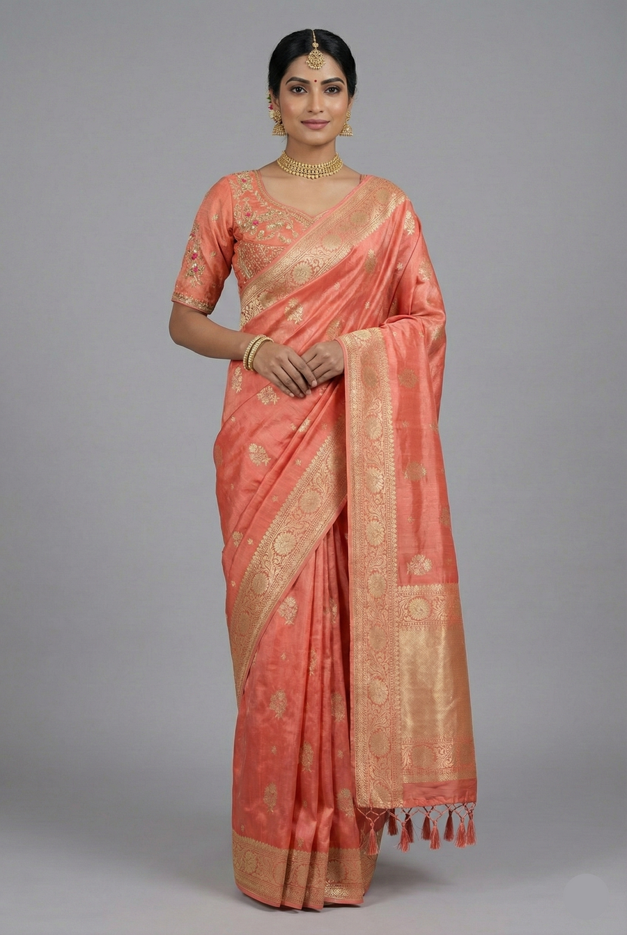 Peach Tissue Silk Woven Saree with Handwork Readymade Blouse - peach silk saree