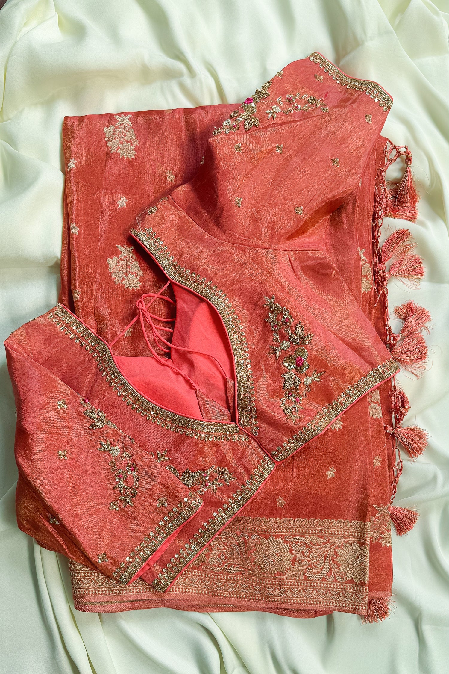 Peach Tissue Silk Woven Saree with Handwork Readymade Blouse - peach silk saree