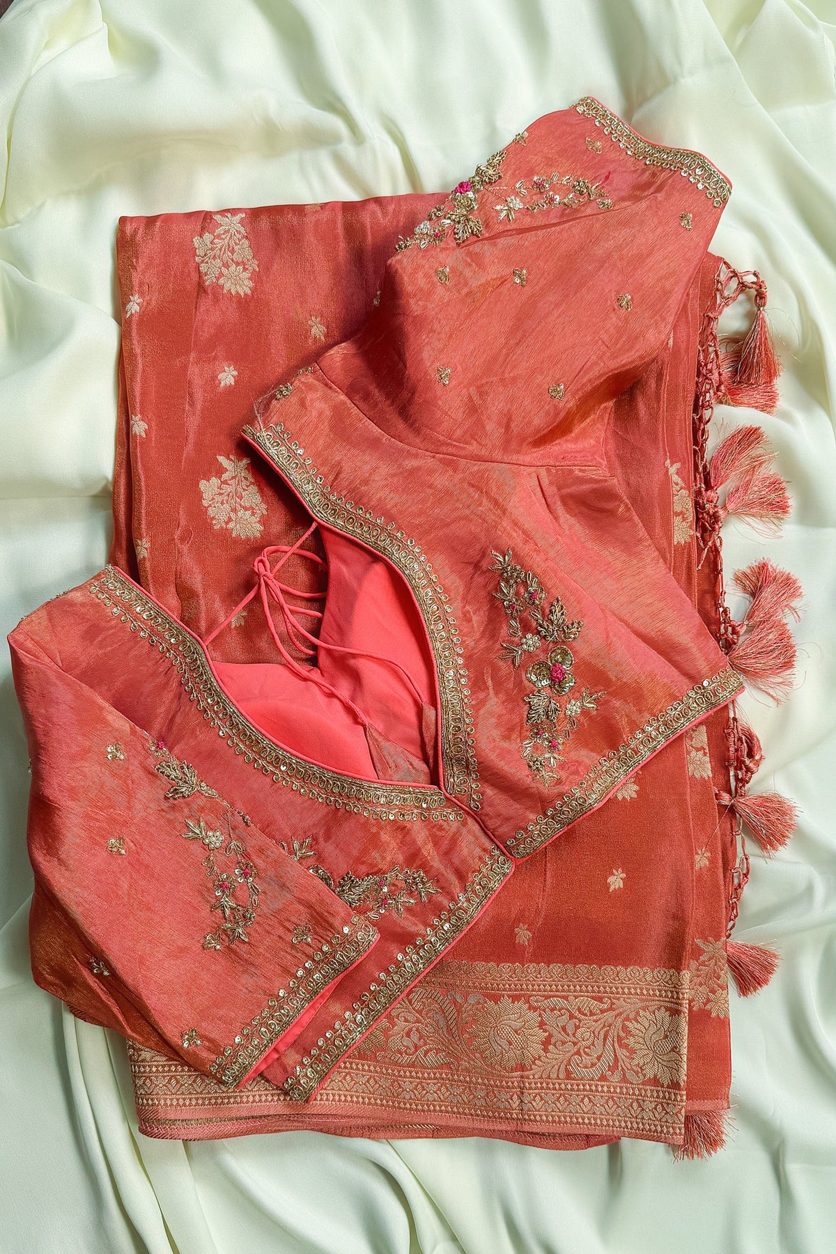 Peach Tissue Silk Woven Saree with Handwork Readymade Blouse