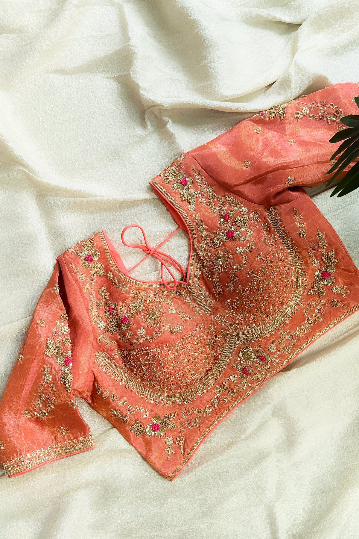 Peach Tissue Silk Woven Saree with Handwork Readymade Blouse - peach silk saree