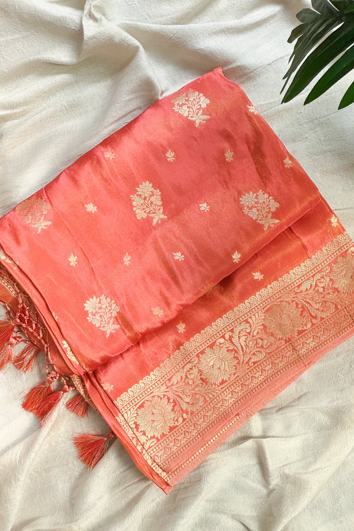 Peach Tissue Silk Woven Saree with Handwork Readymade Blouse - peach silk saree