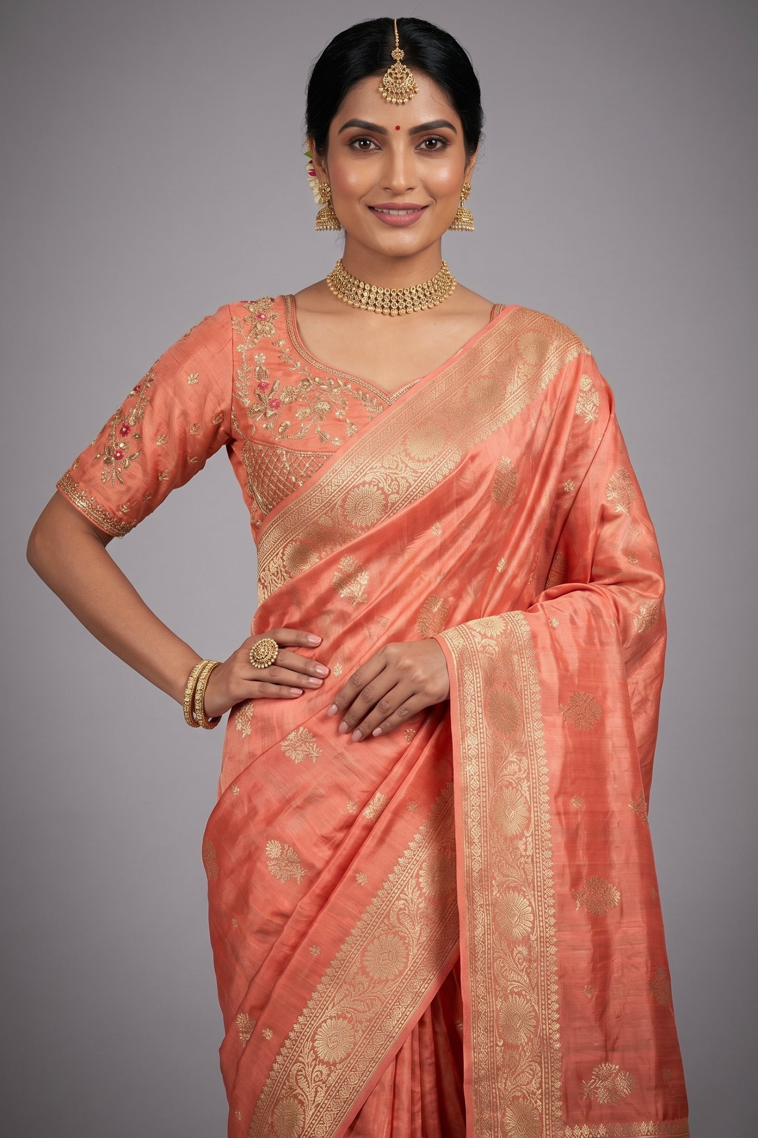 Peach Tissue Silk Woven Saree with Handwork Readymade Blouse - peach silk saree