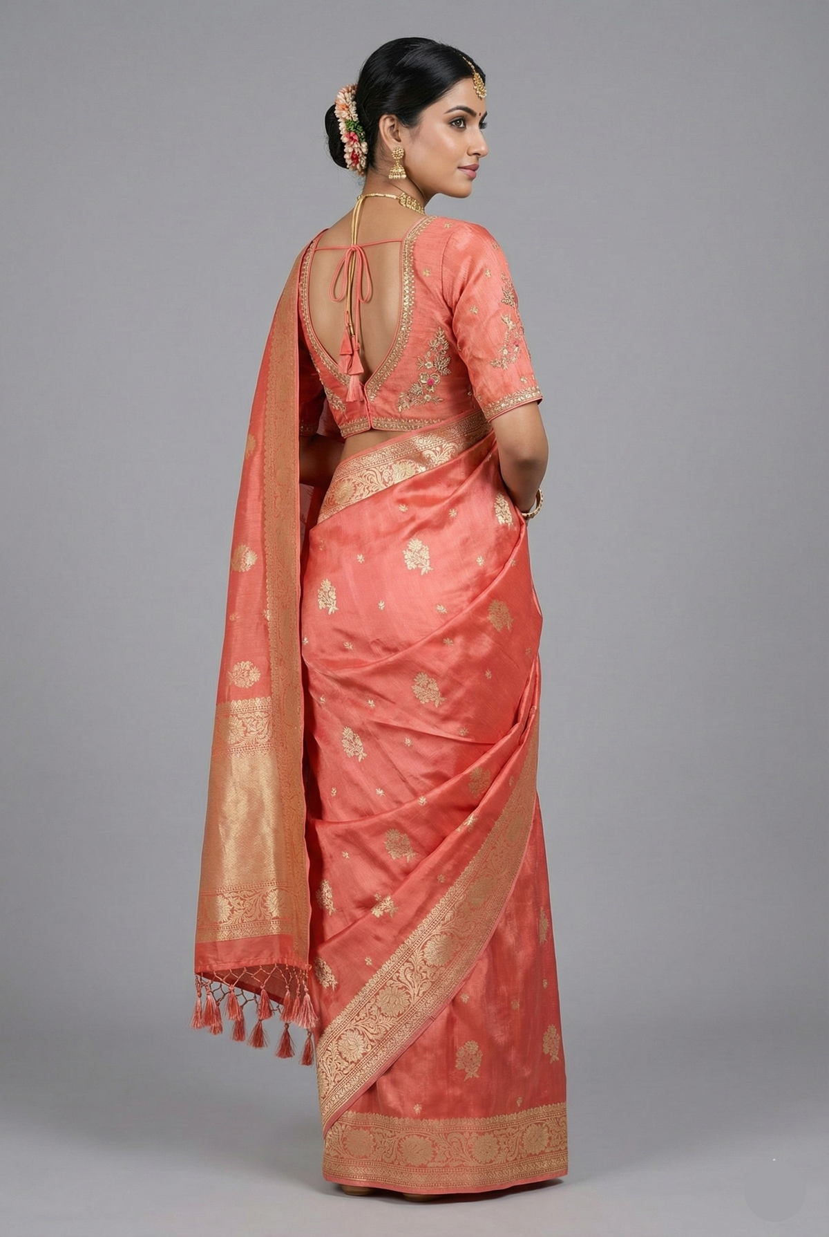 Peach Tissue Silk Woven Saree with Handwork Readymade Blouse - peach silk saree