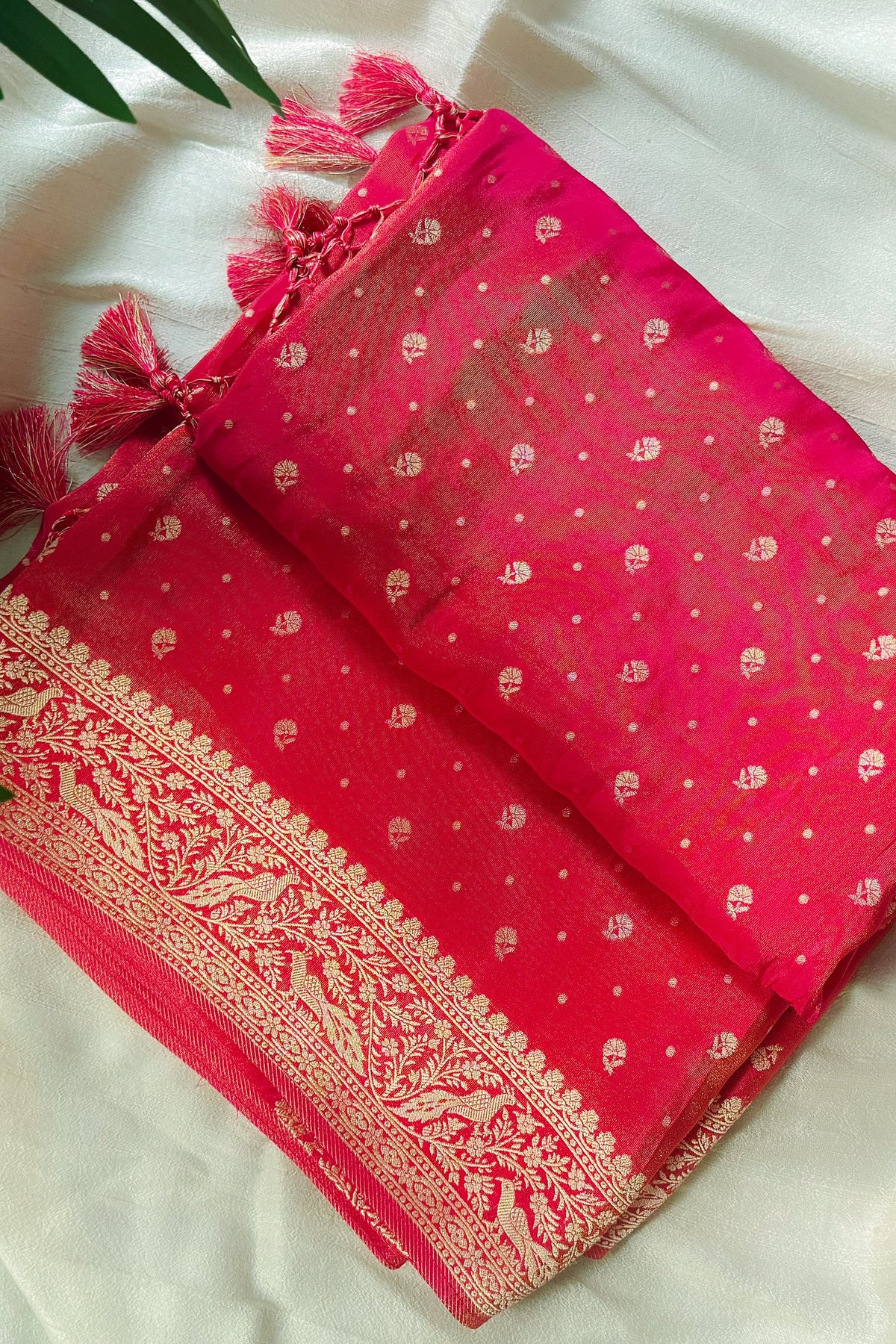 Pink Tissue Silk Woven Saree with Full Sleeved Handworked Readymade Blouse - pink silk saree