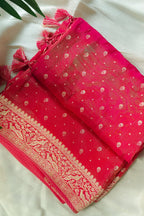 Pink Tissue Silk Woven Saree with Full Sleeved Handworked Readymade Blouse - pink silk saree