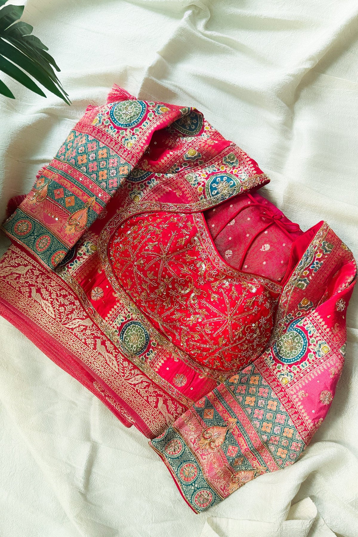 Pink Tissue Silk Woven Saree with Full Sleeved Handworked Readymade Blouse - pink silk saree
