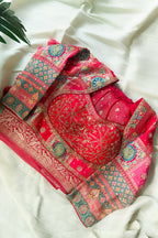 Pink Tissue Silk Woven Saree with Full Sleeved Handworked Readymade Blouse - pink silk saree