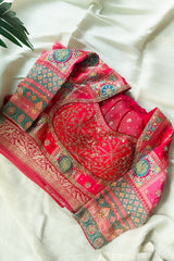 Pink Tissue Silk Woven Saree with Full Sleeved Handworked Readymade Blouse