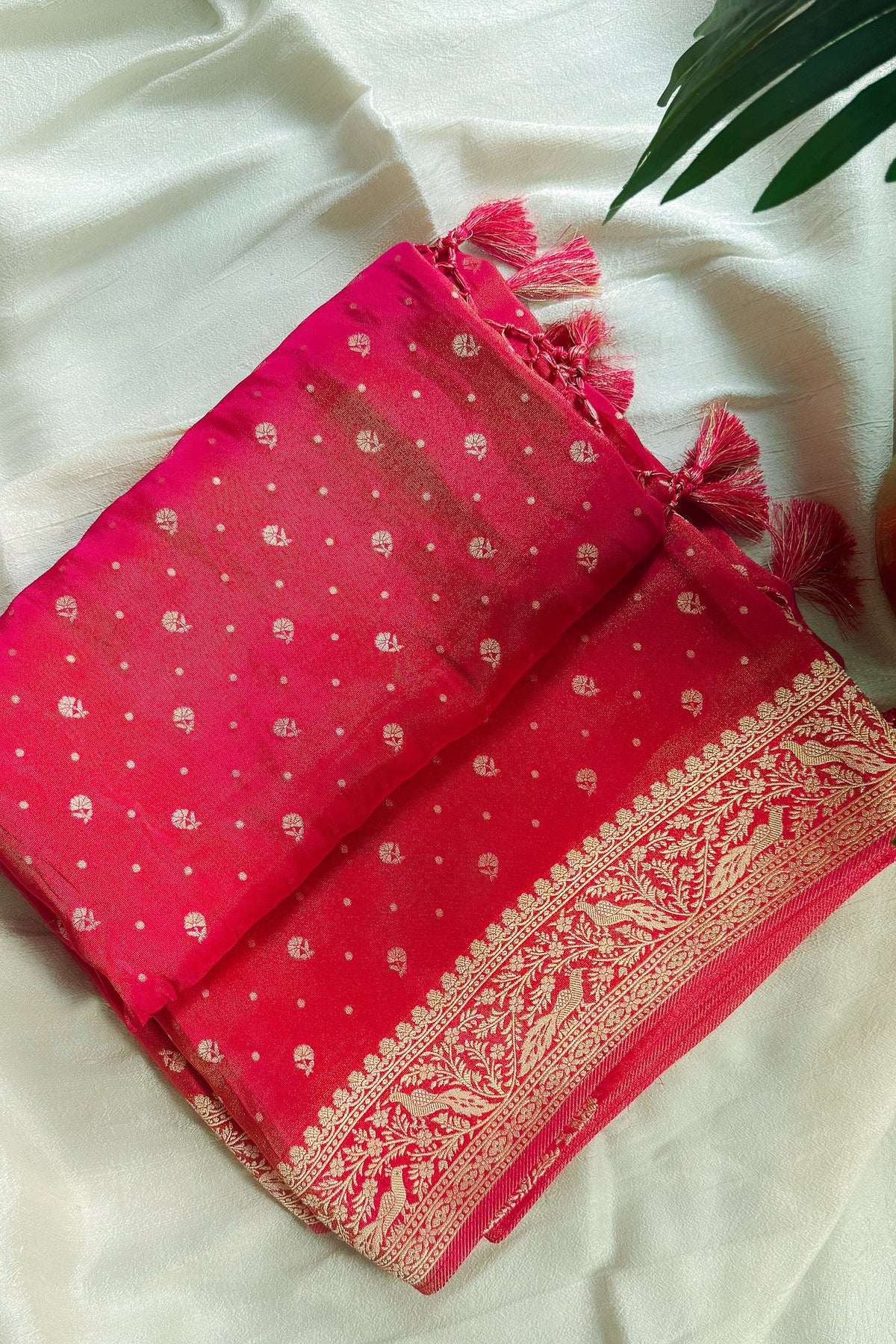 Pink Tissue Silk Woven Saree with Full Sleeved Handworked Readymade Blouse - pink silk saree