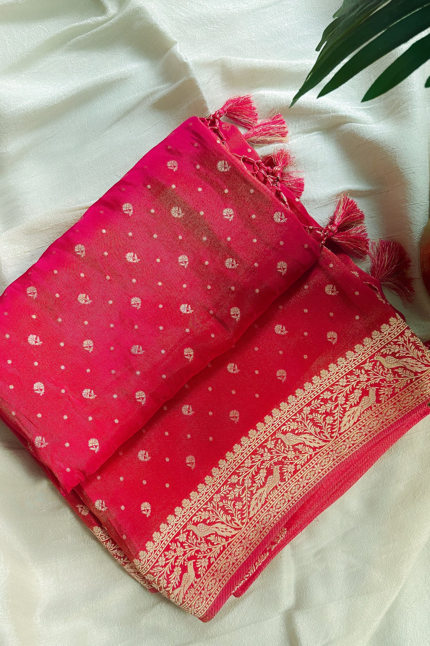 Pink Tissue Silk Woven Saree with Full Sleeved Handworked Readymade Blouse - pink silk saree