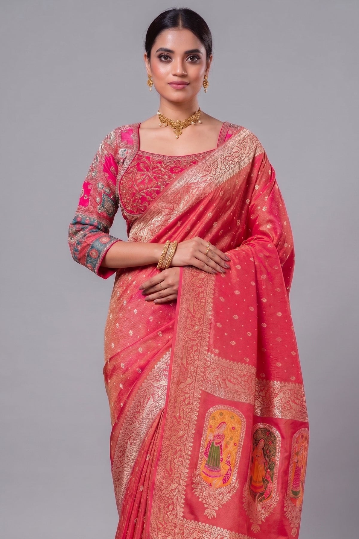 Pink Tissue Silk Woven Saree with Full Sleeved Handworked Readymade Blouse - pink silk saree
